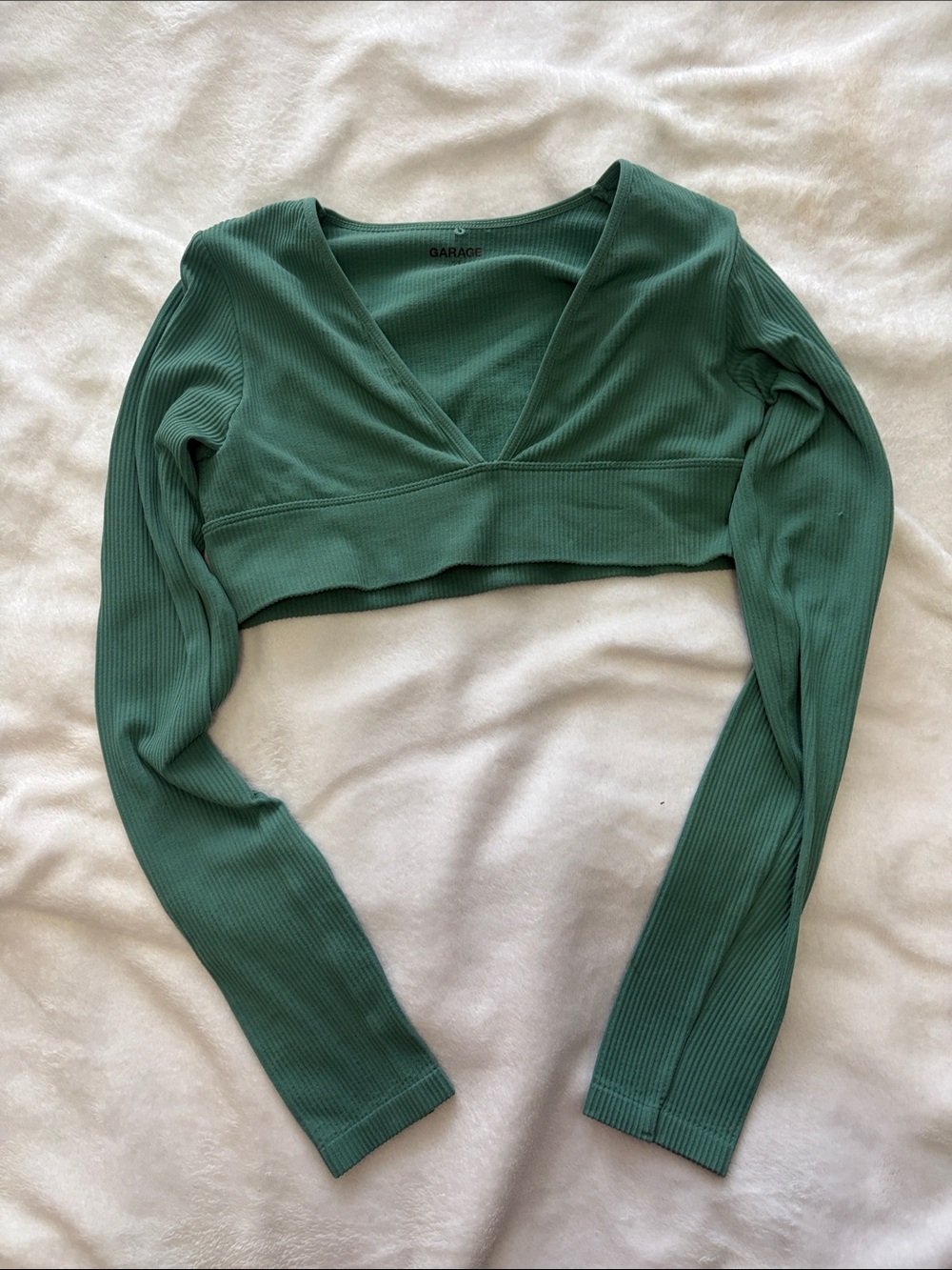 Garage Green Ribbed Deep V Long Sleeve Crop Top